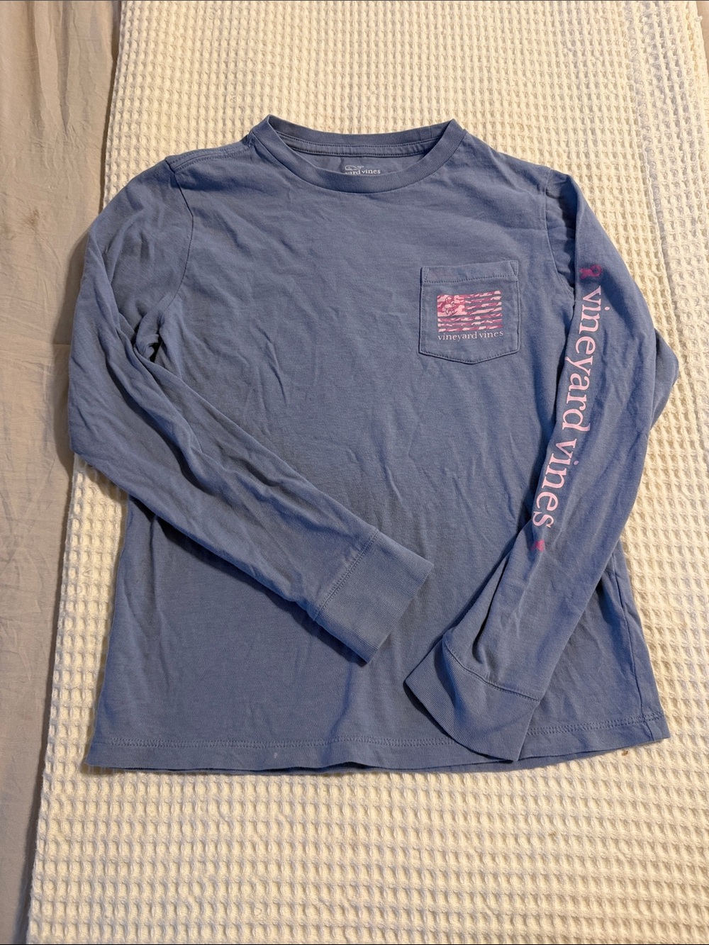 Vineyard Vines Light Blue Long-Sleeve Pocket Tee with Pink breast cancer ribbon
